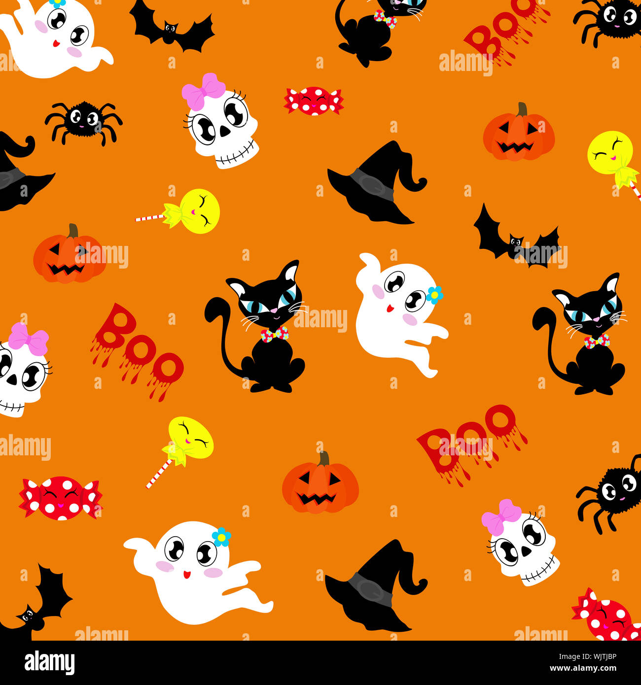 Happy Halloween Hintergrund Vector Illustration, Schnitt mit Zeichentrickfiguren ￼eingestellt Stockfoto