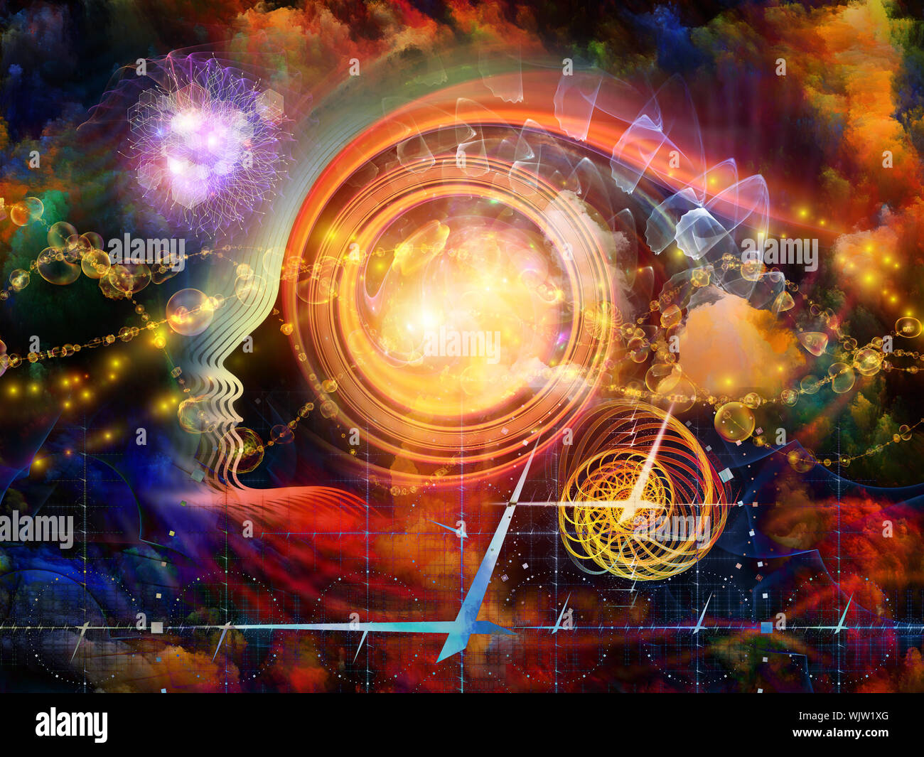 Geometrie der Seele-Serie zwei. Anordnung der menschlichen Profil und abstrakte Elemente zum Thema Spiritualität, Wissenschaft, Kreativität und menschliche Geist Stockfoto