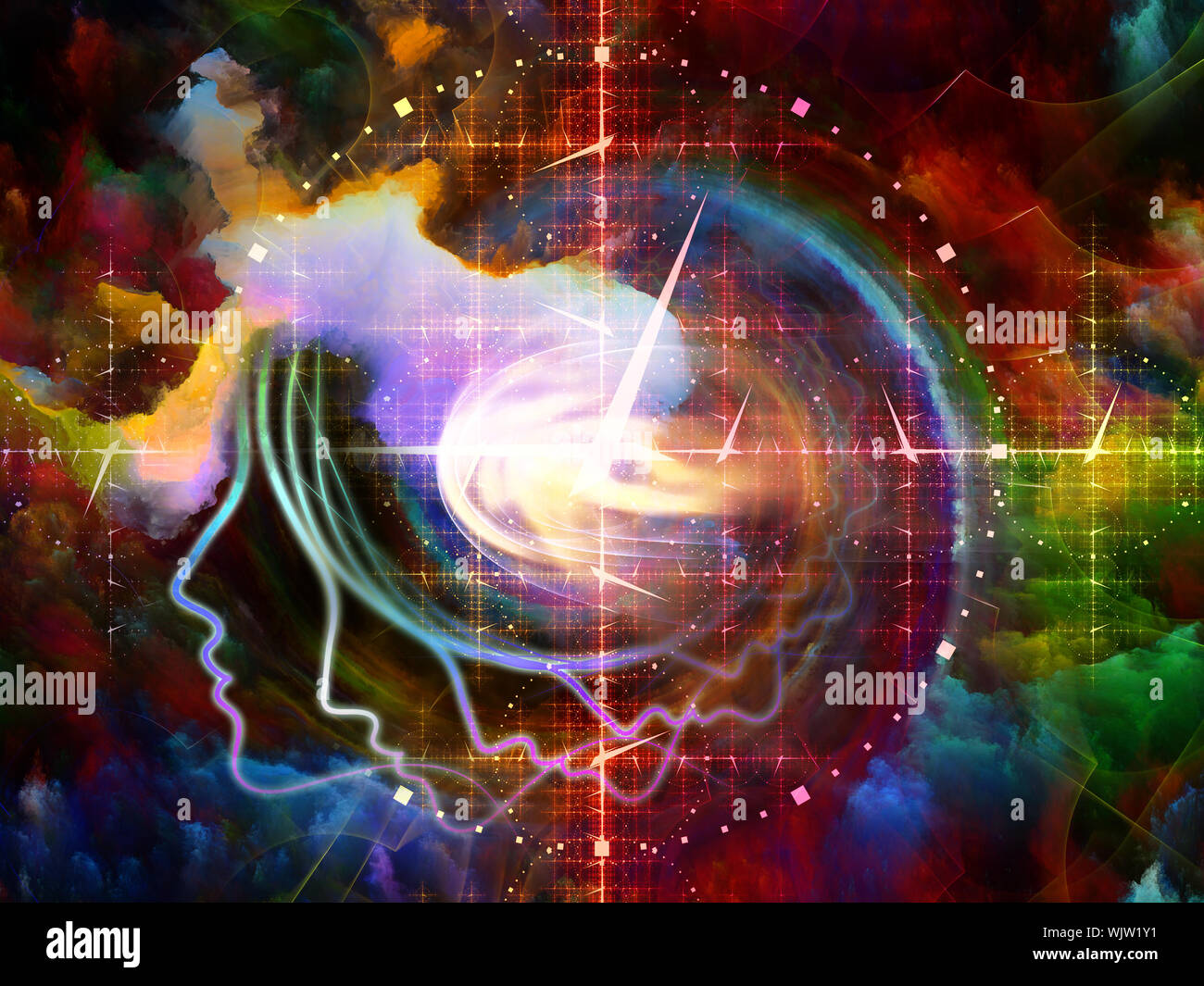 Geometrie der Seele-Serie zwei. Zusammenspiel von menschlichen Profil und abstrakte Elemente zum Thema Spiritualität, Wissenschaft, Kreativität und menschliche Geist Stockfoto