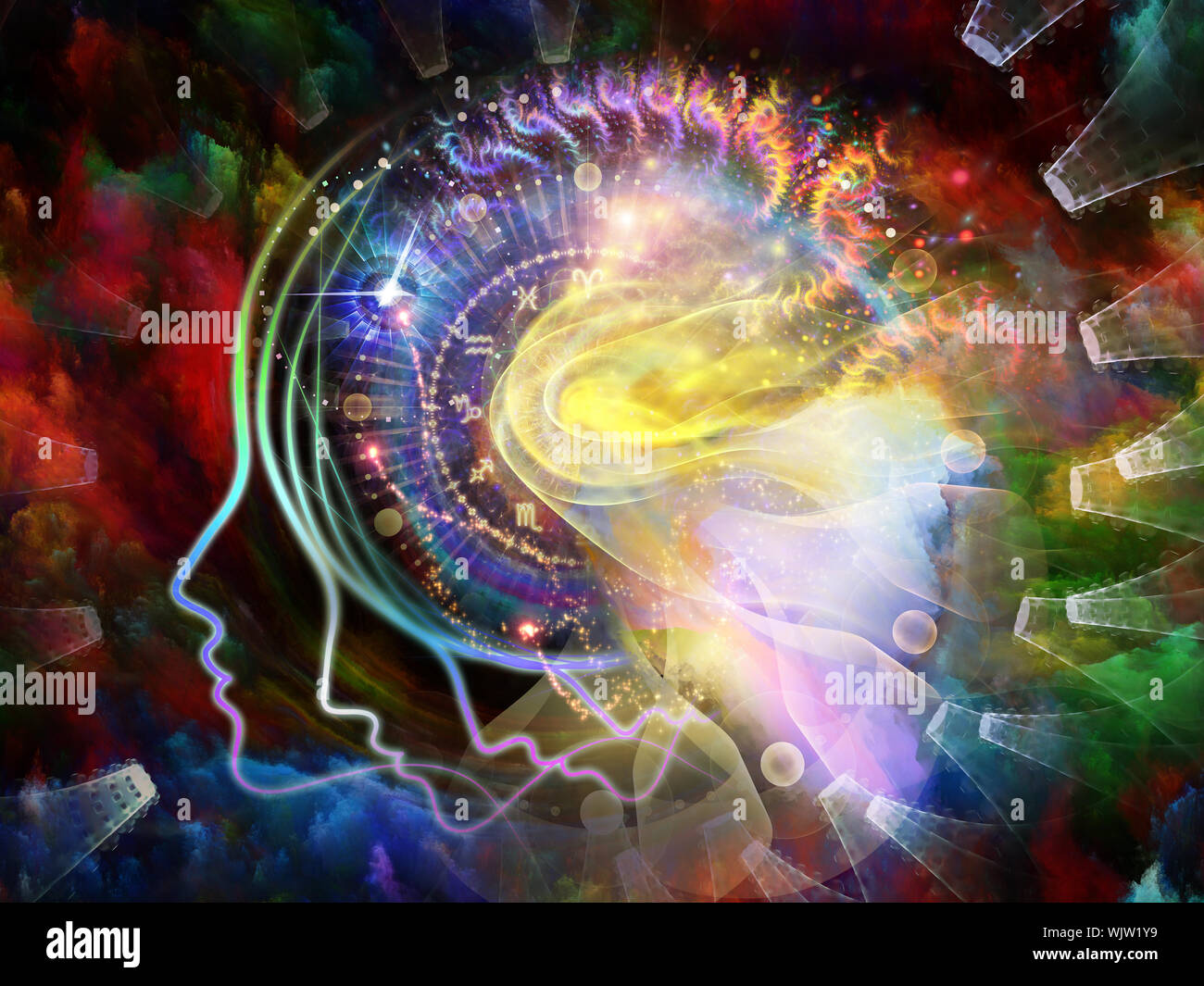 Geometrie der Seele-Serie zwei. Zusammenspiel von menschlichen Profil und abstrakte Elemente zum Thema Spiritualität, Wissenschaft, Kreativität und menschliche Geist Stockfoto