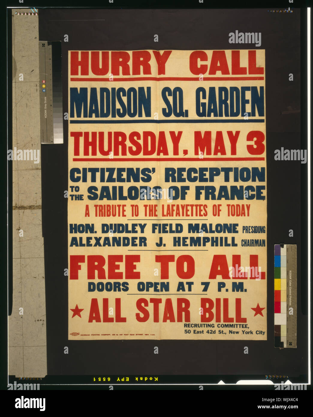 Schnell anrufen - Madison Sq. Garten... Bürger Rezeption auf der Seeleute von Frankreich... All Star bill Abstract: Plakat ist nur Text. Stockfoto