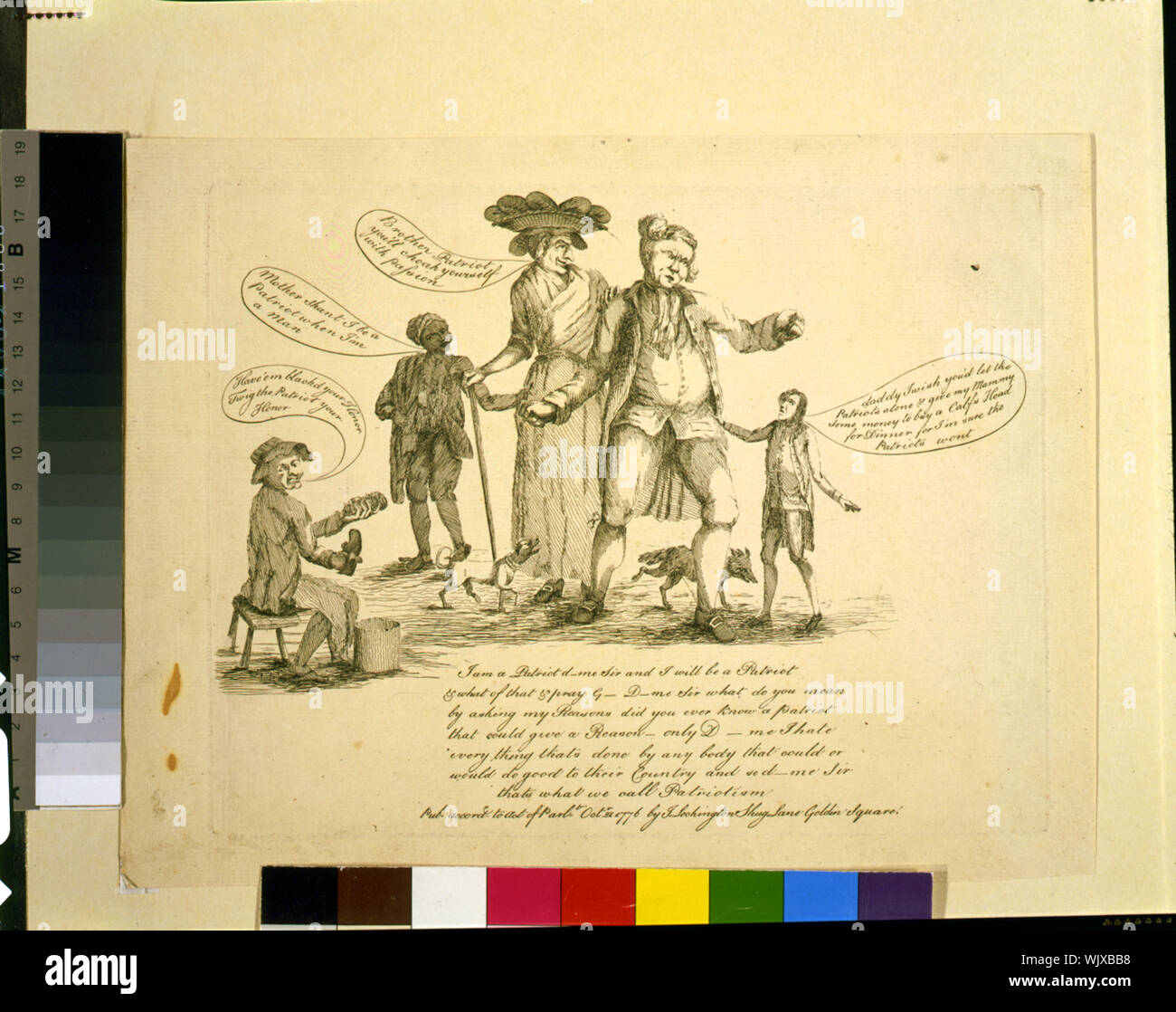 Ich bin ein Patriot d-me Sir und ich werde ein Patriot abstrakt sein: Cartoon zeigt Charles James Fox, ein englischer Patriot, darunter eine Gruppe, die mit einem kleinen Kind, eine alte Frau, ein Slave, und eine shoeshiner. Dieser Cartoon ist ein offensichtlicher Angriff auf die britische Opposition gegen George III und den Krieg gegen die amerikanischen Kolonien. Stockfoto