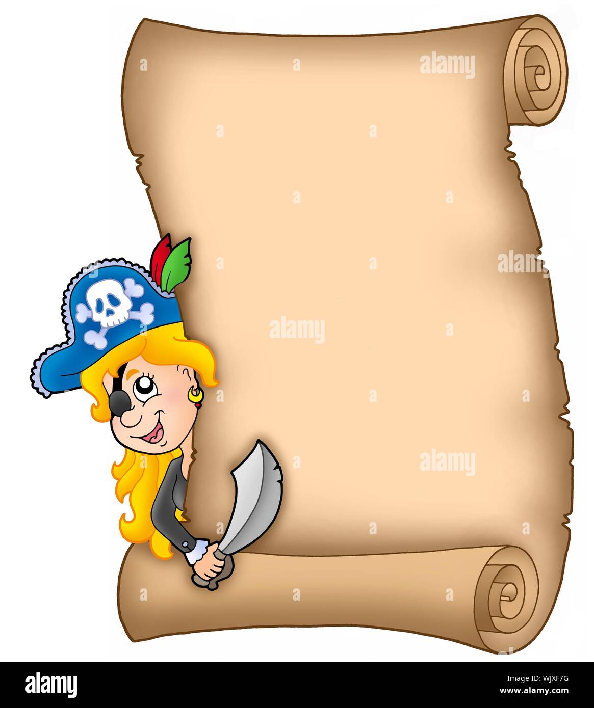 Pergament mit lauern Piraten Mädchen - farbigen Illustration. Stockfoto