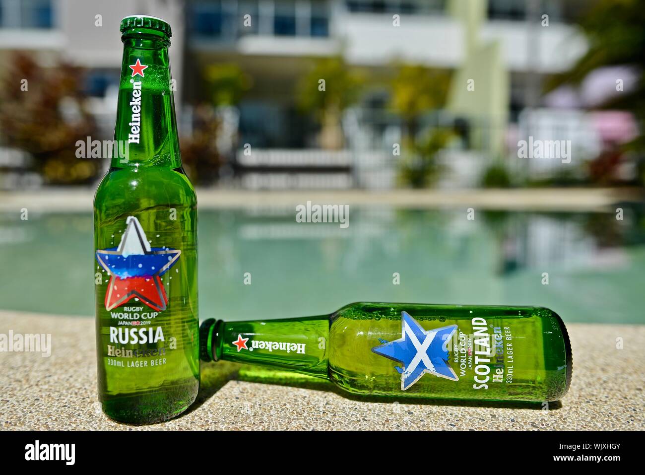 Schottland gegen Russland, Heineken2019 Japan Rugby World Cup Bier Flaschen Stockfoto