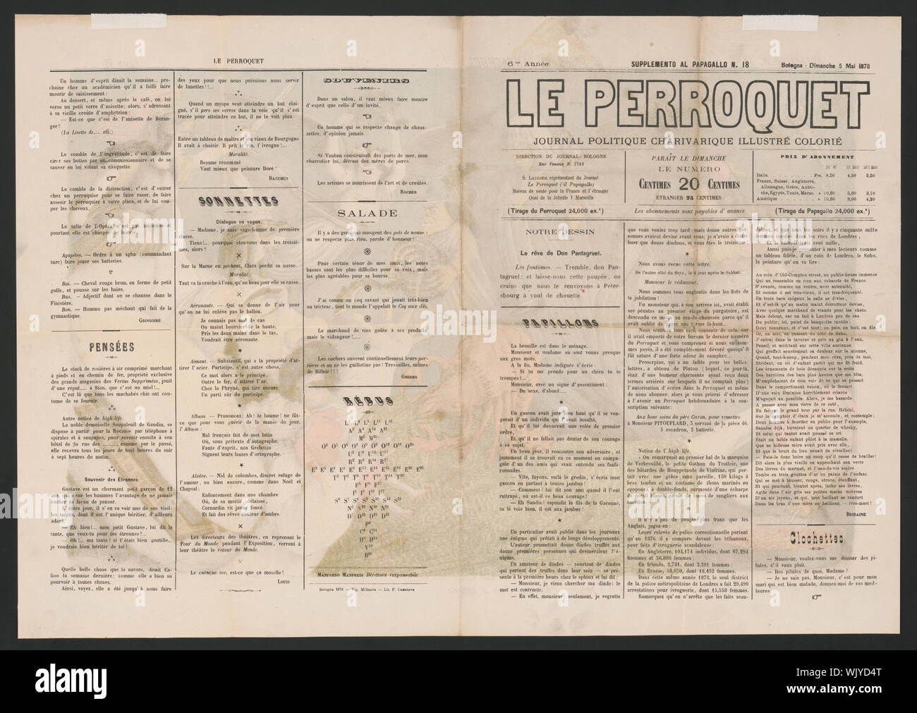 Il Sogno di Pantagruel Abstract: Italienische politische Karikatur zeigt Alexander II., Kaiser von Rußland, wie Pantagruel, schlafend in seinem Bett mit einer Puppe Bulgarien in seinen Armen gekennzeichnet. Er ist mit einem beklemmenden Traum mit beängstigenden Visionen, die verlangen, dass er die Puppe geben oder senden Sie ihn zurück fliegen nach St. Petersburg. Direkt ihm konfrontiert sind Insekten mit Montenegro und Serbien, eine Frau mit der Bezeichnung Grecia mit Schwert, Geister mit Preußen und Rumenia und eine Hexe Österreich gekennzeichnet mit einem grünen Zweig in ihren Hut und eine grosse Schlange in die Arme, und es gibt eine große Hummer mit N Stockfoto