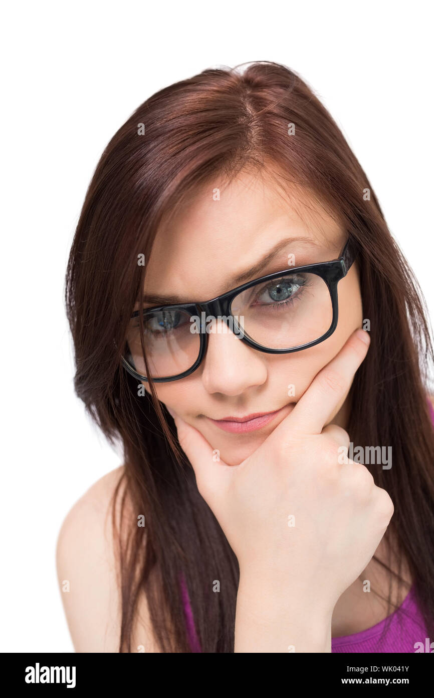 Hautnah am denken Brünette mit Brille Stockfoto