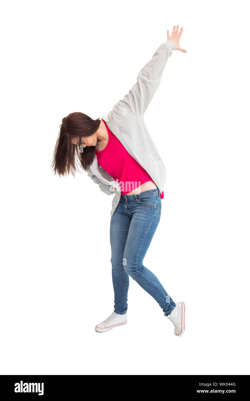 Trendige jungen Frau tanzt Stockfoto