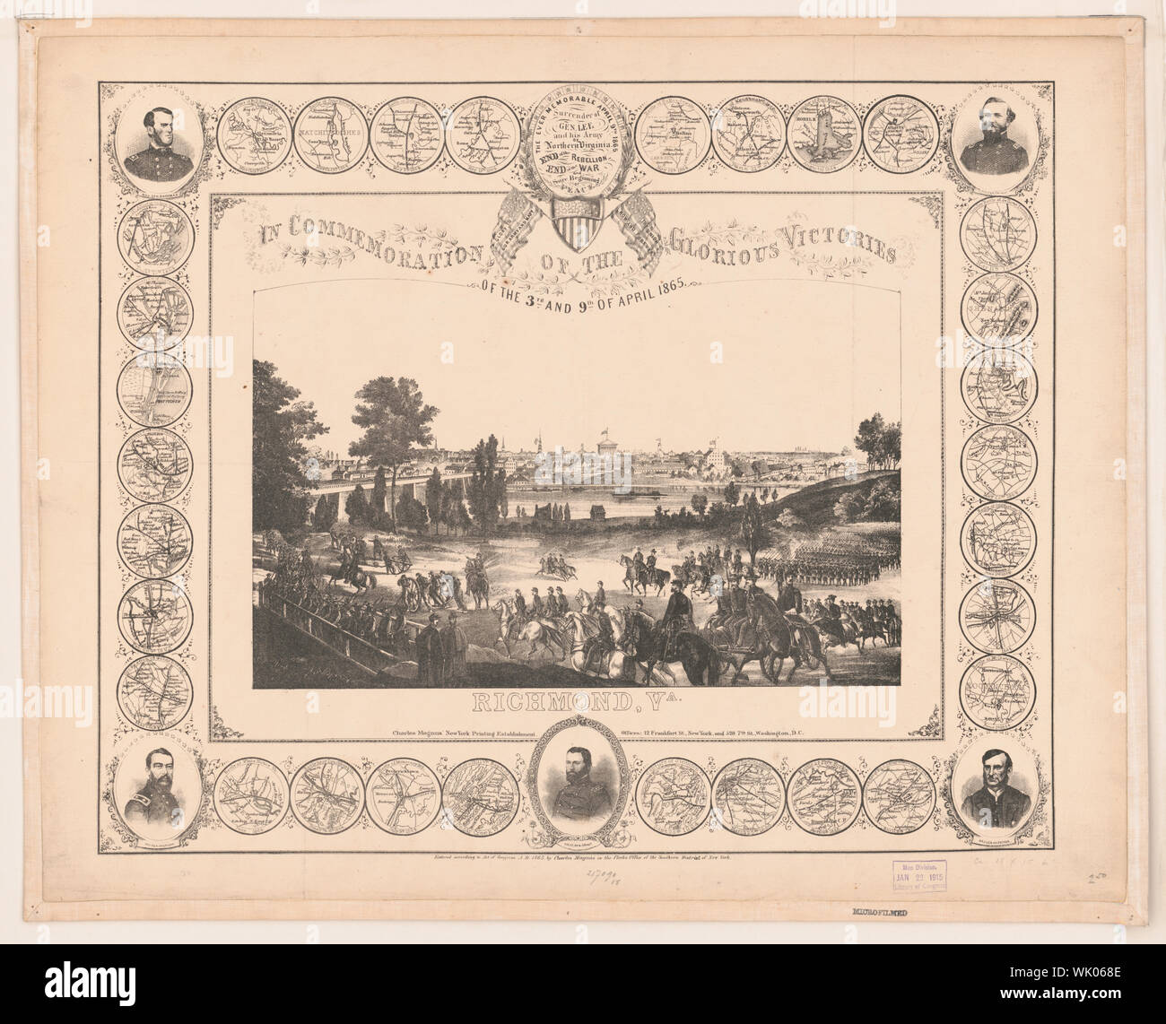 In Gedenken an die glorreichen Siege der 3. und 9. April 1865. Richmond VA Abstract: Drucken erinnert an das Ende des Amerikanischen Bürgerkriegs, indem eine zentrale Sicht auf Union Truppen vor von Richmond, Virginia, umrahmt von Kreisen die Lagen auf der Karte von 30 Bürgerkrieg Schlachten und Berufe während der Jahre 1864 und 1865 und Porträts von fünf Generäle (Grant, Sherman, Sheridan, Thomas und Kilpatrick). Stockfoto