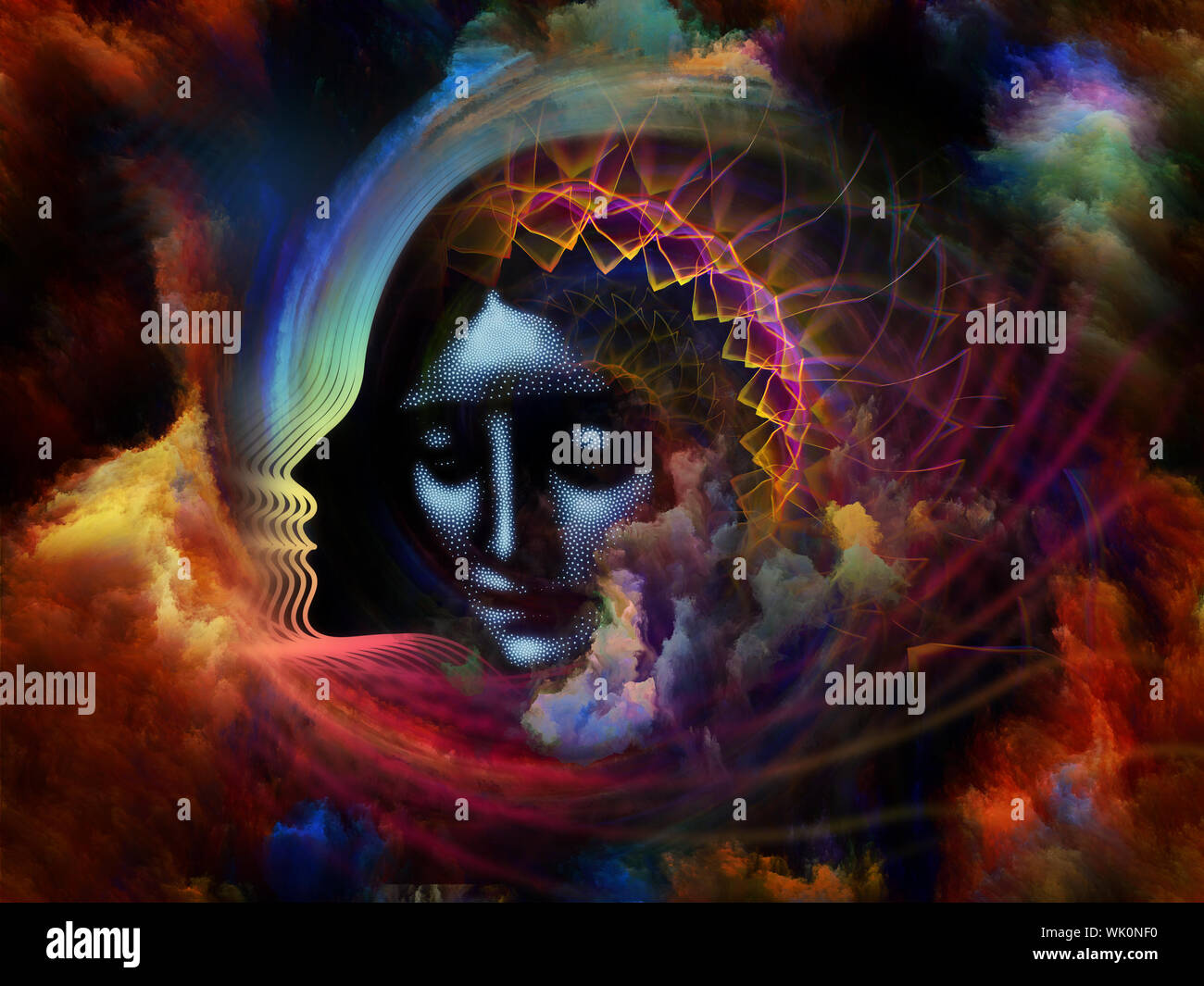 Geometrie der Seele-Serie zwei. Zusammenspiel von menschlichen Profil und abstrakte Elemente zum Thema Spiritualität, Wissenschaft, Kreativität und menschliche Geist Stockfoto