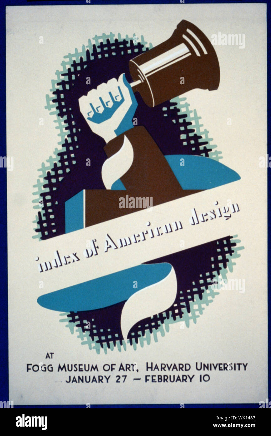 Index der amerikanischen Design am Fogg Art Museum, Harvard University Abstract: Plakat für Federal Art Project Ausstellung der Index der amerikanischen Design am Fogg Art Museum, mit der Hand eine Glocke läuten. Stockfoto