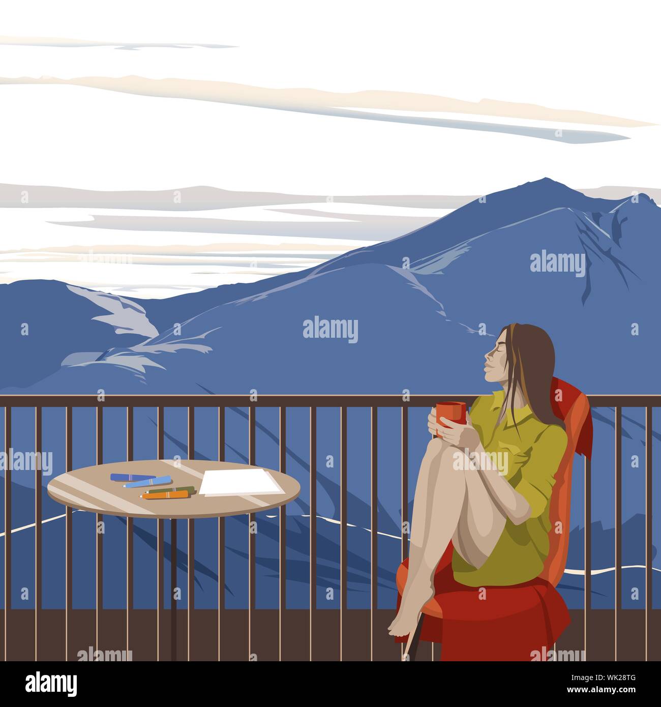 Mädchen mit einem Kaffeebecher in den Morgen auf der Terrasse mit Bergblick, Zeichentrickfigur Flat Style. Stock Vektor