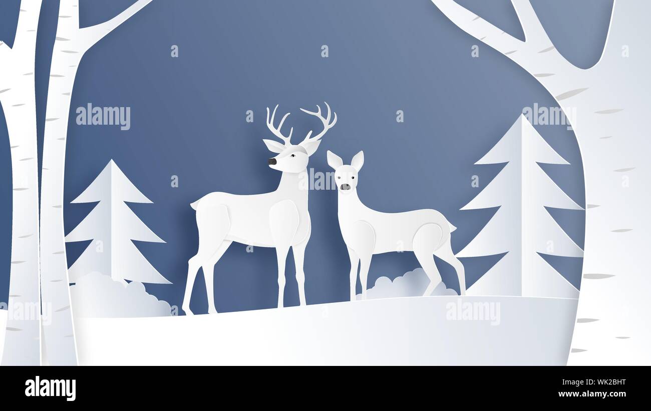 Liebe Paar Hirsche im Winter Feld mit Kiefern- und Niederlassungen in Papier schneiden Stil. Kreative Vektor-illustration Weihnachtsfeier. Hintergrund, Post Stock Vektor