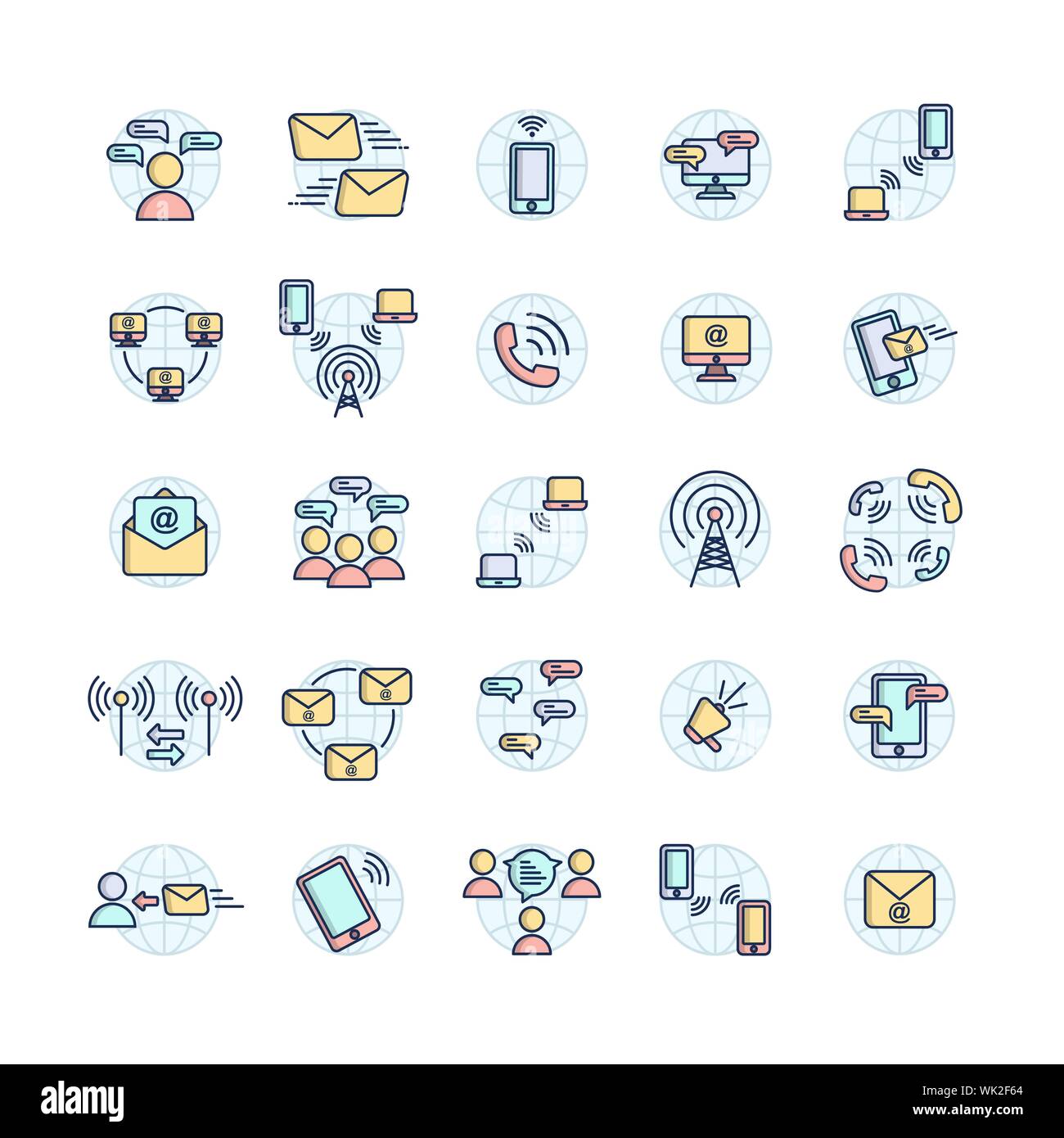 Kommunikation gefüllt Umrisse Icon Set, Vektor und Illustration. Stock Vektor