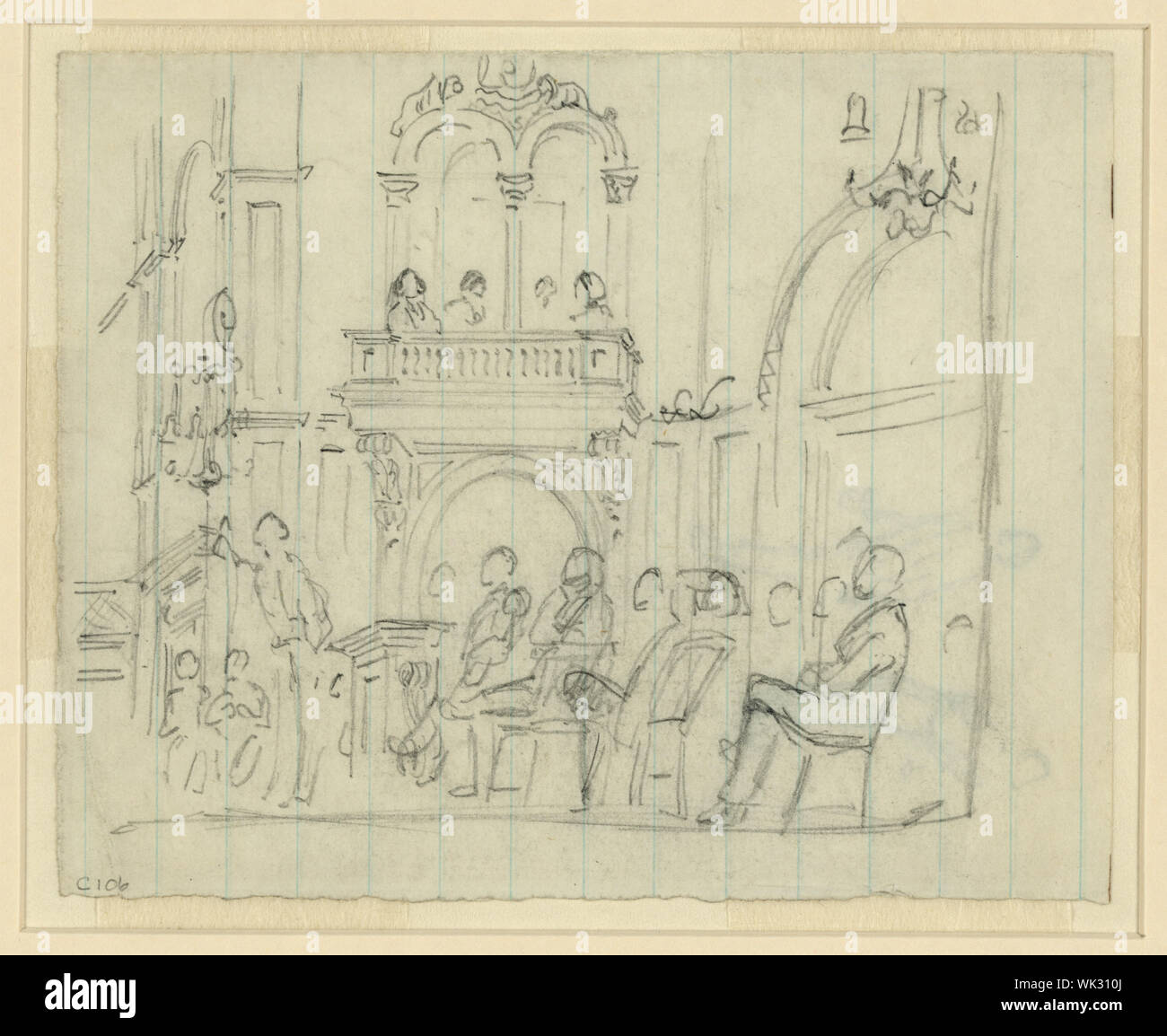 Innenraum des Gebäudes, mit sitzenden Figuren Stockfoto