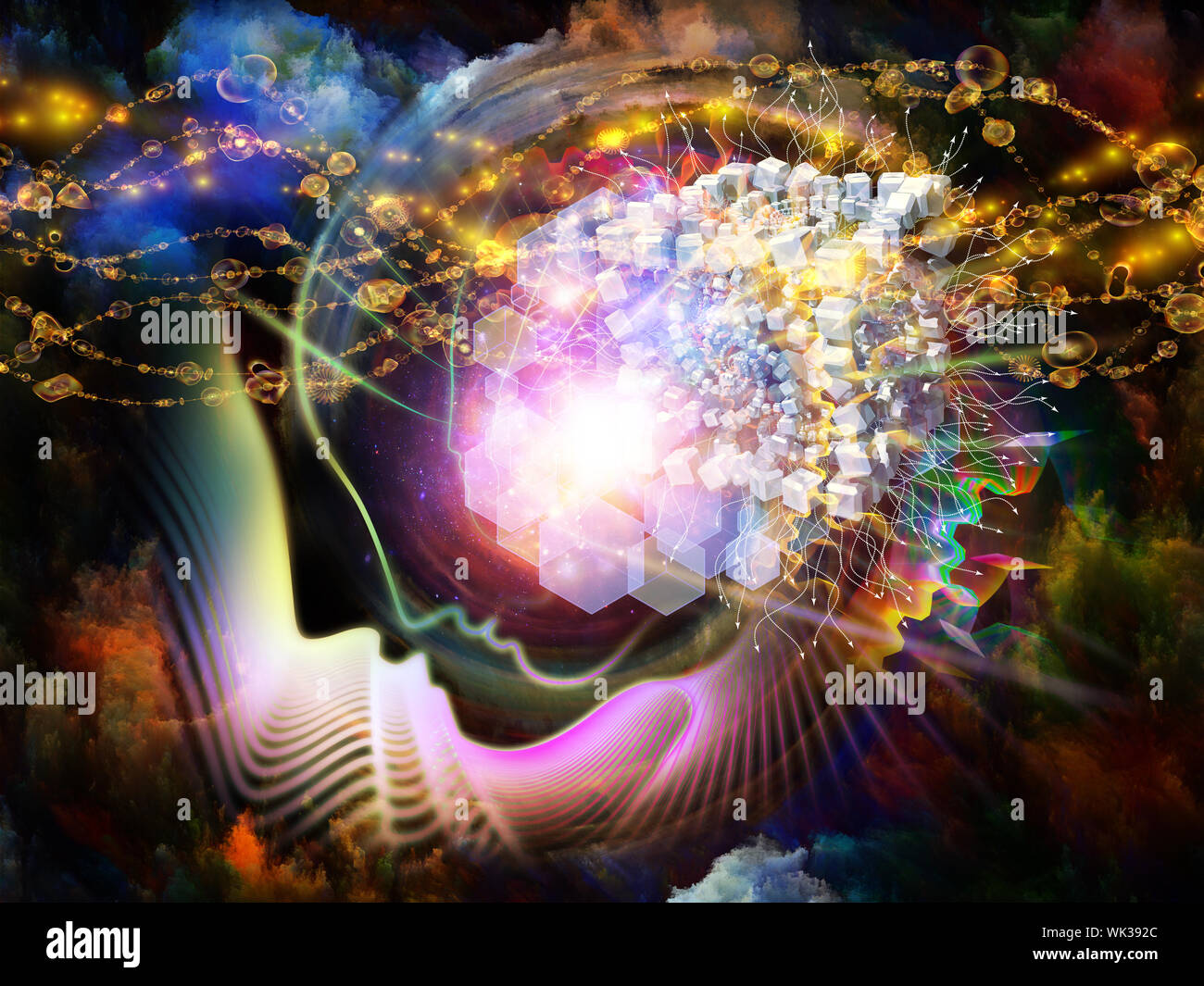 Geometrie der Seele-Serie zwei. Zusammenspiel von menschlichen Profil und abstrakte Elemente zum Thema Spiritualität, Wissenschaft, Kreativität und menschliche Geist Stockfoto