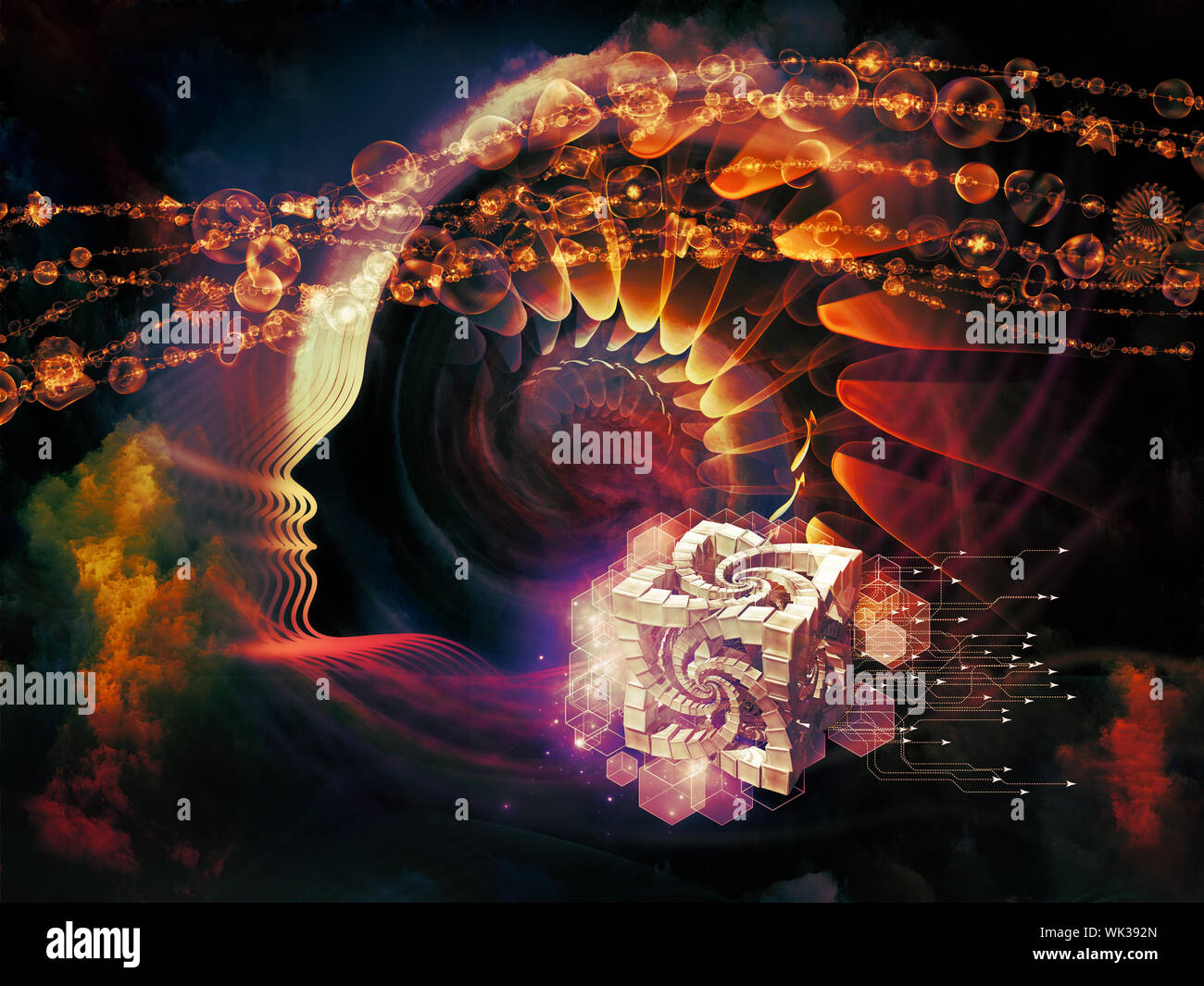 Geometrie der Seele-Serie zwei. Zusammenspiel von menschlichen Profil und abstrakte Elemente zum Thema Spiritualität, Wissenschaft, Kreativität und menschliche Geist Stockfoto