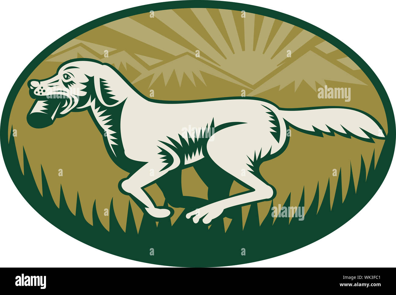 Retriever Hund im Training mit Bergen auf Rückseite in Holzschnitt Stil getan. Innerhalb einer kreisförmigen Form fest, drei 3 Farben in diesem Bild verwendet. Stockfoto