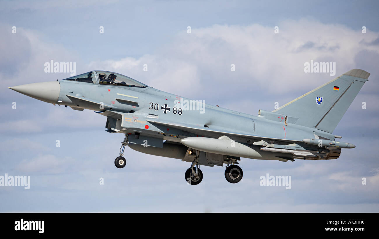 Deutsche Luftwaffe Typhoon FGR 4 an RAF Waddington, Lincolnshire, Großbritannien. Die Teilnahme an Übung Cobra Krieger 2019. Stockfoto