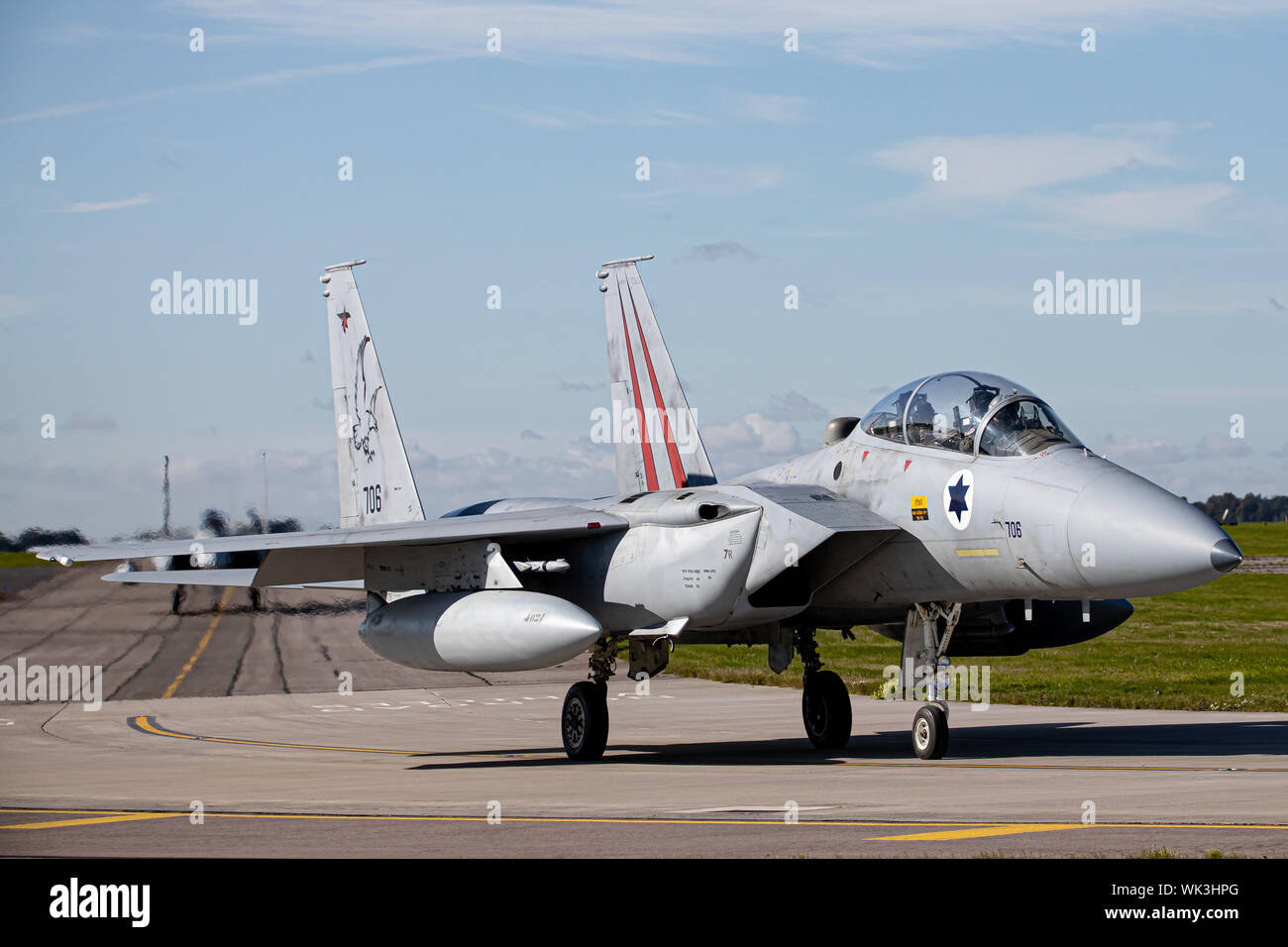 Israelische Luftwaffe F 15 s an RAF Waddington, Lincolnshire, Großbritannien. Die Teilnahme an Übung Cobra Krieger 2019. Stockfoto