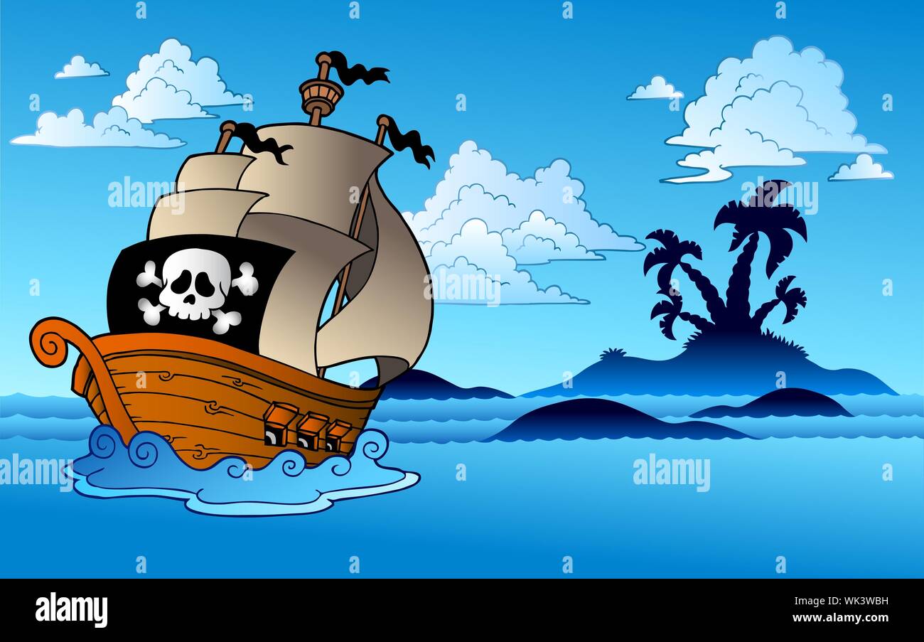 Piratenschiff mit Insel Silhouette - Vector Illustration. Stockfoto