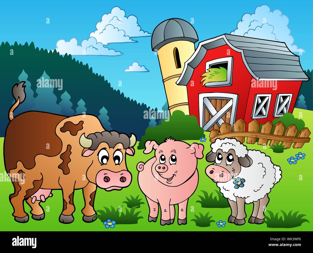 Drei Tiere des Bauernhofs in der Nähe von Scheune-Vector Illustration. Stockfoto