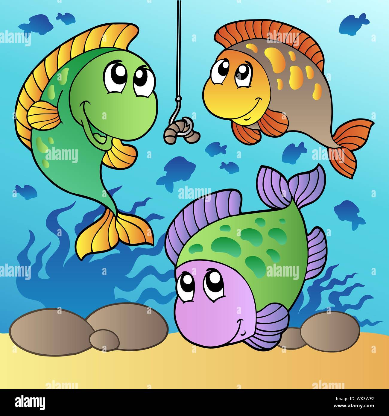 Drei Fischen und Angeln Haken-Vector Illustration. Stockfoto