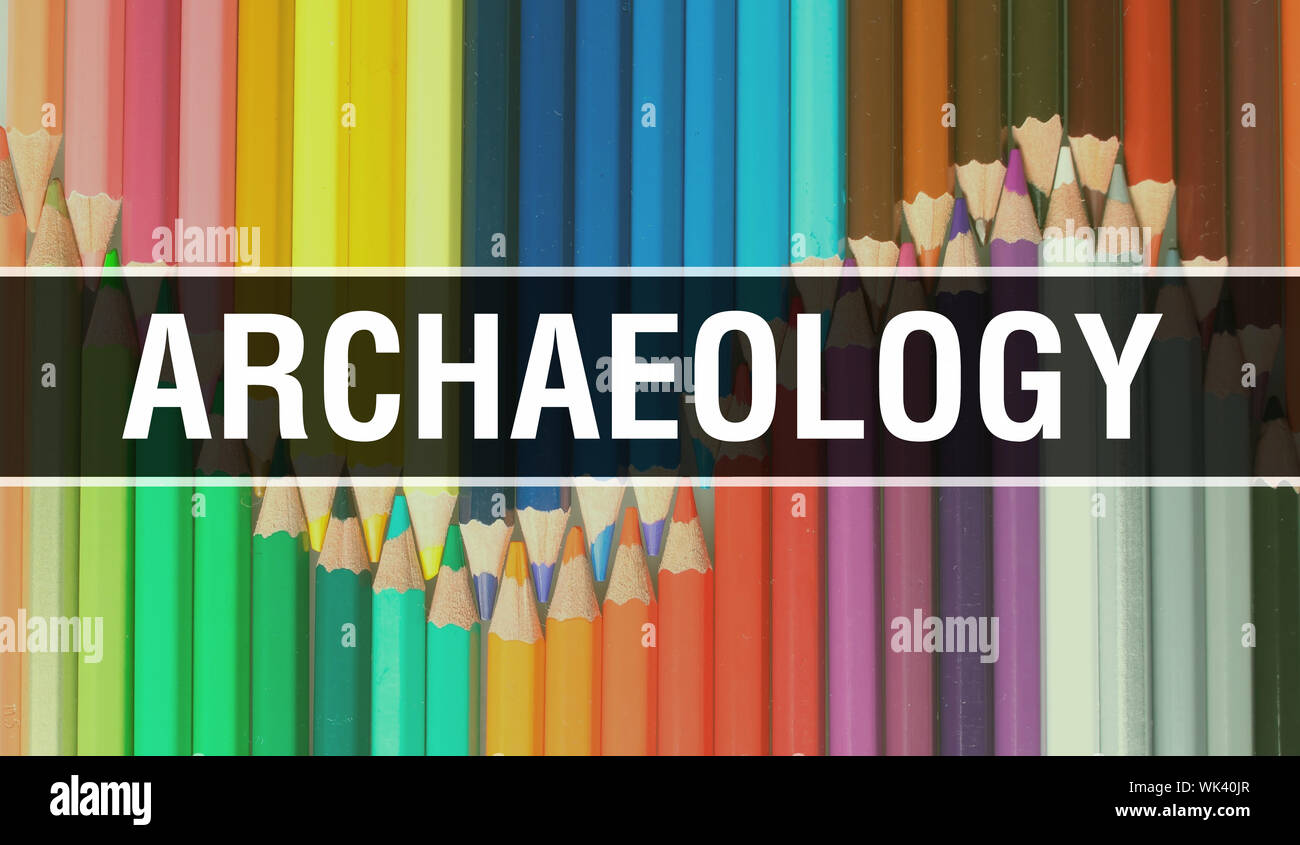 Archäologie Konzept Abbildung auf Zurück zu Schule Banner mit Bildung Textur. Archäologie repräsentieren Konzept von Bildung, Wissenschaft Objekte und Offi Stockfoto