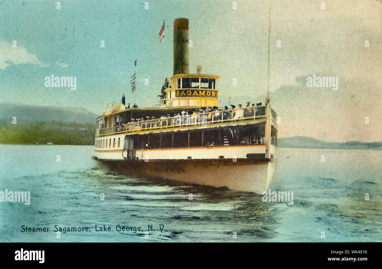 Dampfgarer Sagamore, Lake George, NY - Postkarte Stockfoto