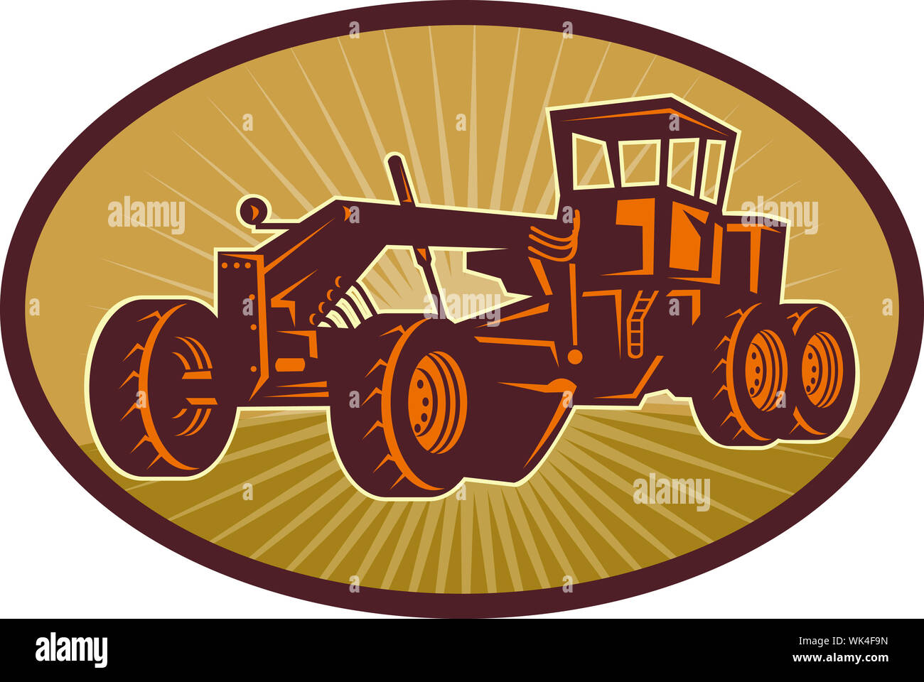 Illustration der Bau Straße, Blade oder Motor Grader mit Sunburst in den Hintergrund legen Sie in einer Ellipse. Stockfoto