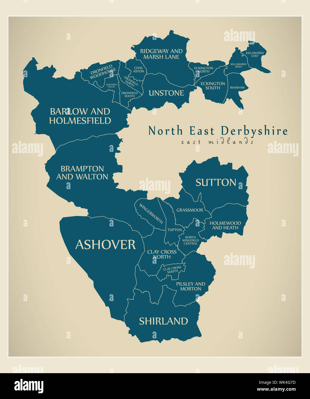 Stationen Karte von North East Derbyshire in England East Midlands Großbritannien mit Etiketten Stockfoto