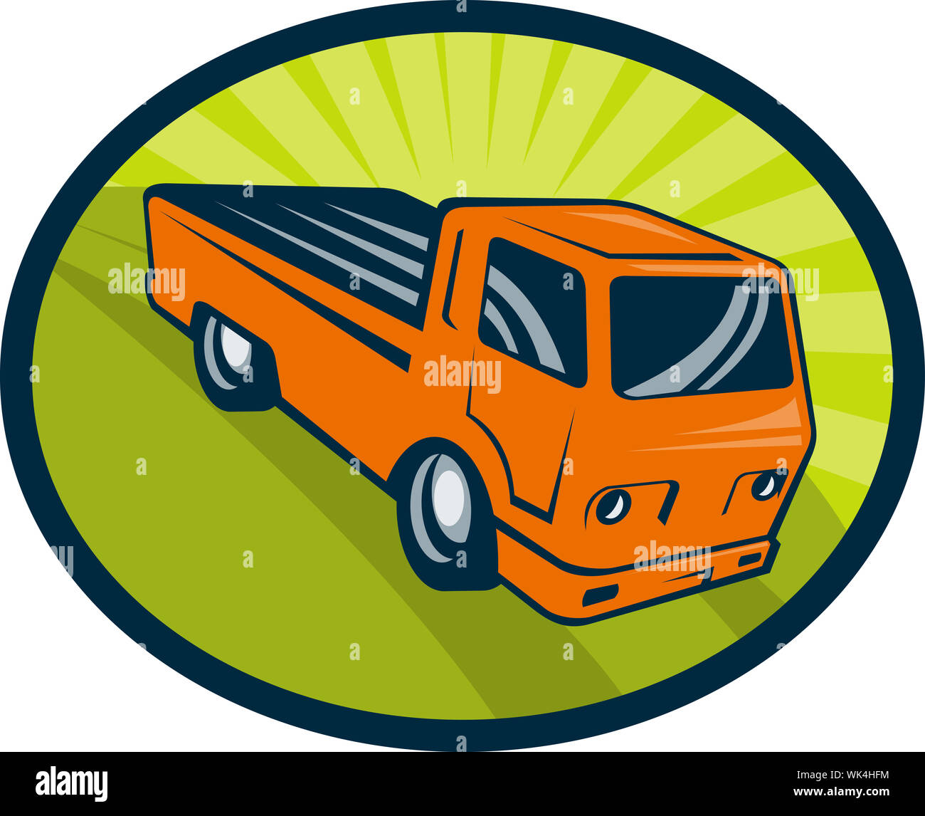 Illustration einer Vintage Pick-up LKW-Ladung im Inneren eines Ovals. Stockfoto