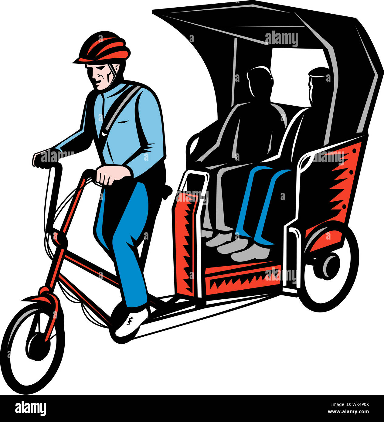 Illustration von einer Rikscha im Zyklus mit Fahrer und zwei Beifahrer isoliert auf weiss Stockfoto
