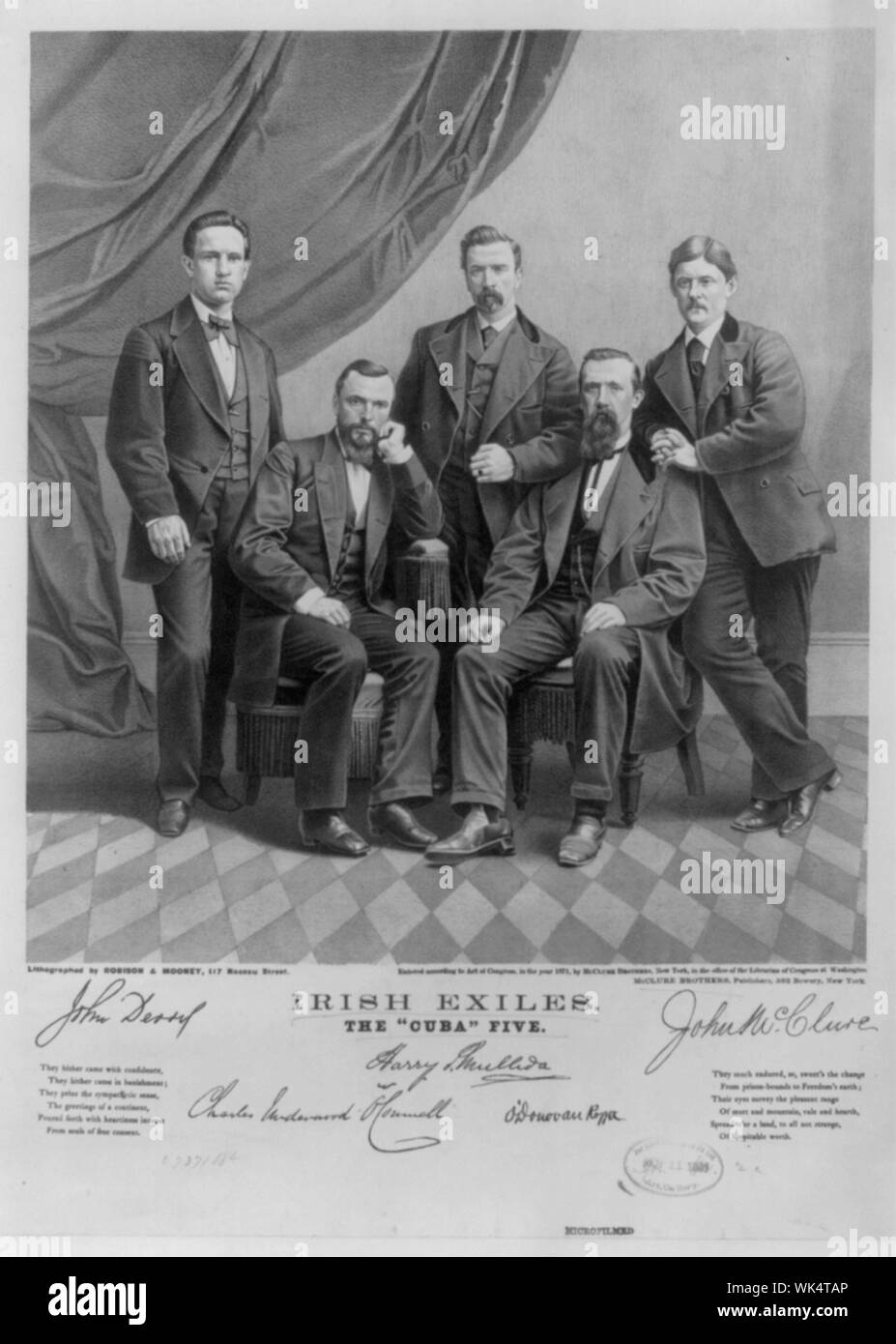 Irische Exilanten - die Kuba fünf Abstract: Drucken zeigt John devoy (ganz links), stehend, Charles Underwood O'Connell, (zweiter von links) sitzt, Harry Mulleda (Mitte), stehend, Jeremiah O'Donovan Rossa, (zweiter von rechts) sitzt, und John McClure (ganz rechts) stehen, der fünf irischen Fenian Häftlinge, die unter General Amnestie wurden von den Briten nach Amerika Veröffentlicht am Jan. 5 1871, und wurden zusammen an Bord der Kuba ausgeliefert. Stockfoto