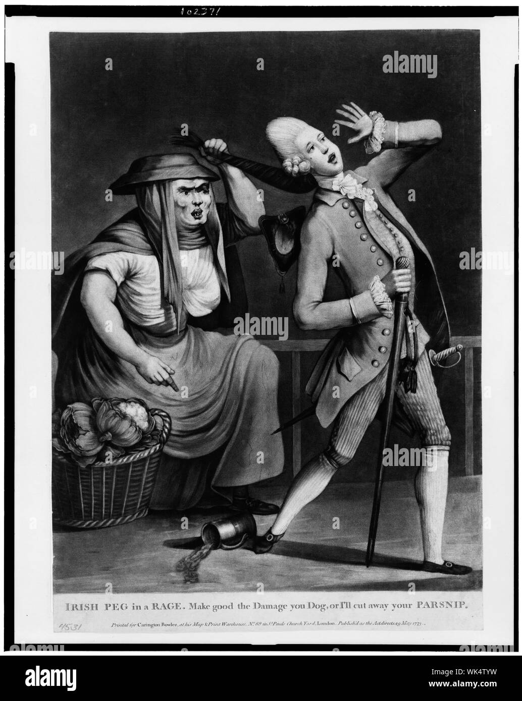 Irische peg mit Zorn. Den Schaden, den ihr Hund, oder werde ich schneiden sie ihre pastinaken Abstract: eine Makkaroni, oder ein exquisites von c. 1770, Wandern Vergangenheit ein Stämmiger und zornigen alten Irischen pflanzliche Verkäufer, stört ihr Glas Bier auf dem Bürgersteig. Auf dieser Sie ergriffen ihn durch die monströse Schwanz an seinem toupée und droht ihn zu schneiden. Stockfoto