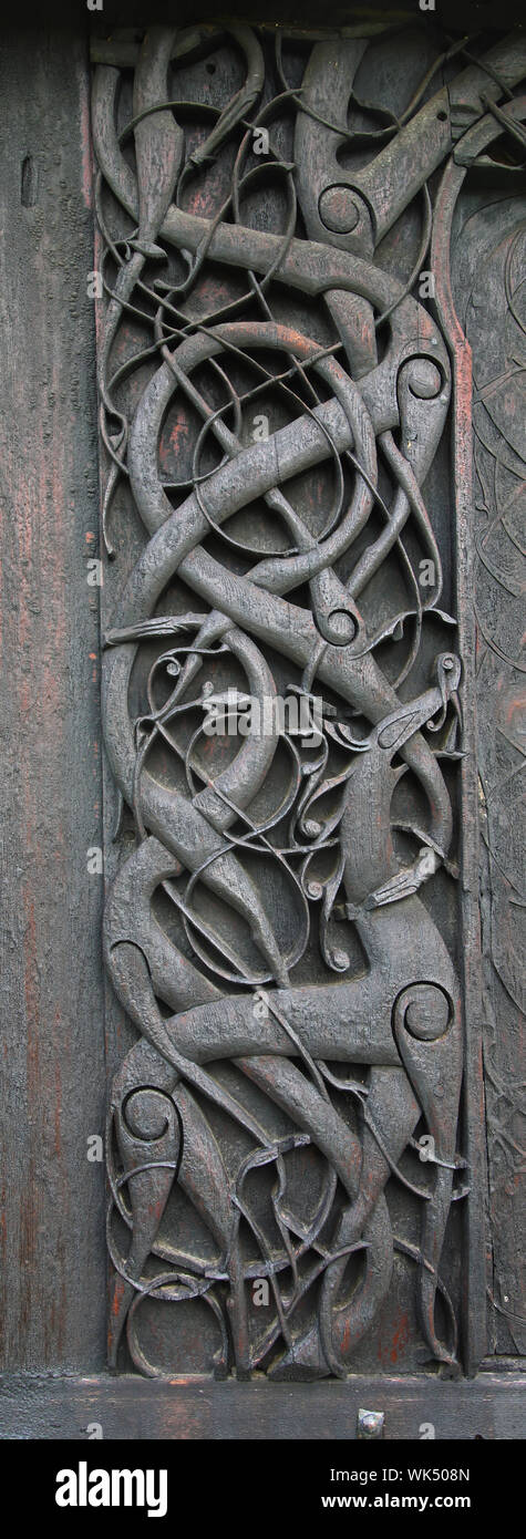 Celtic Artwork von Urnes stavkirke, Norwegen Stockfoto
