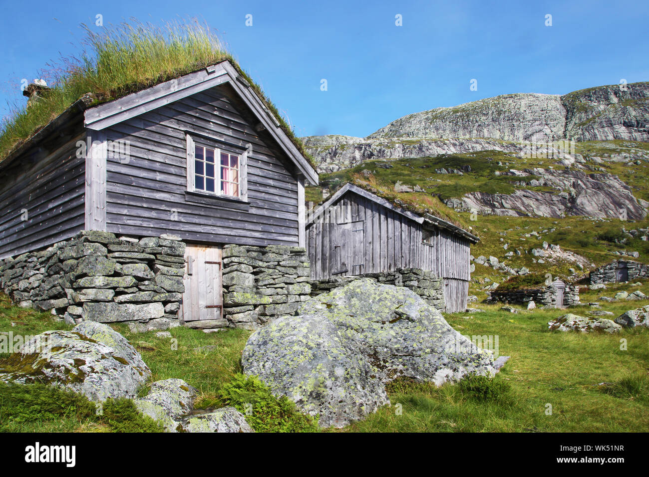 Rasen Häuser im Hochland von Norwegen Stockfoto