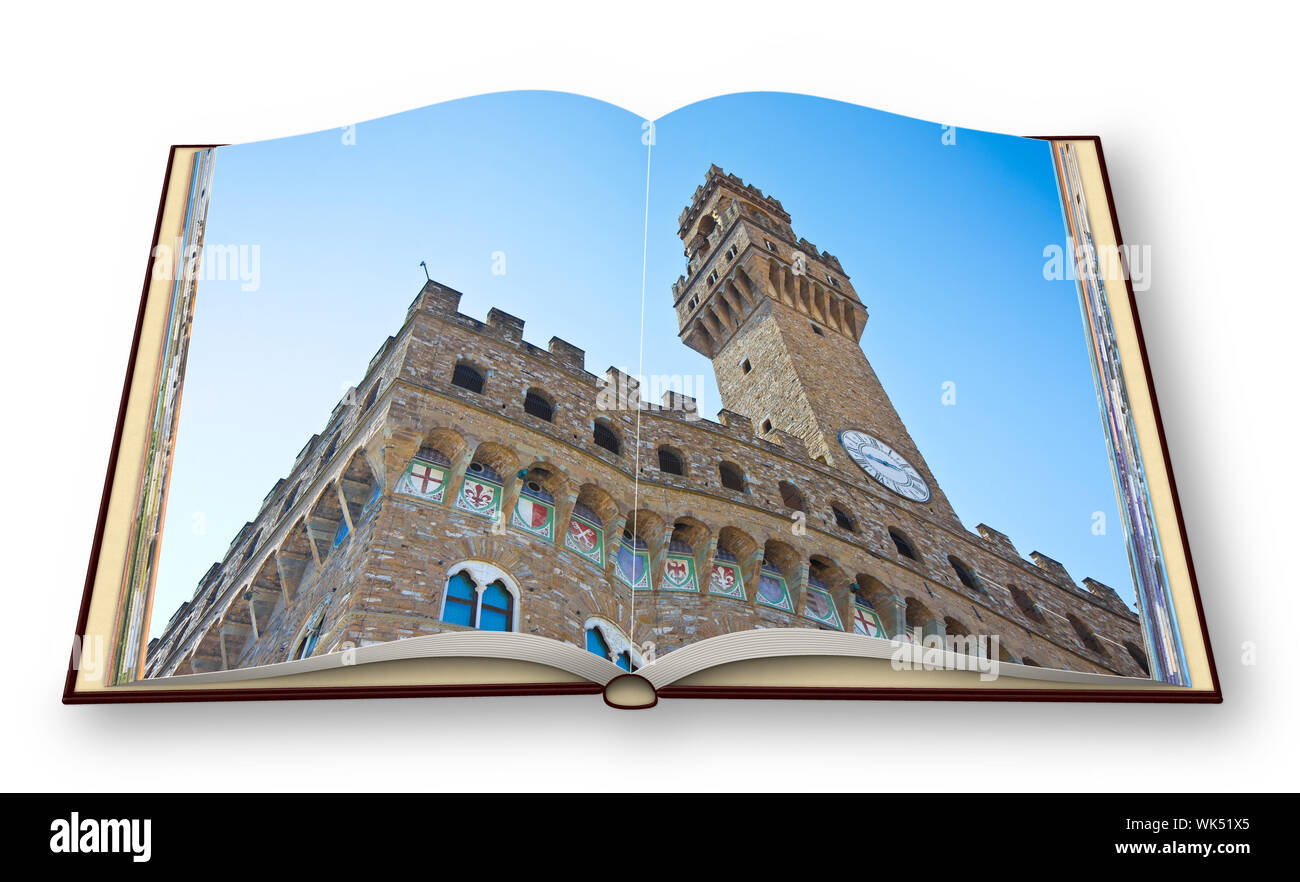 3D-Render eines geöffneten Fotoalbum mit den berühmten Palast namens 'Palast der Herrschaft" oder "Altes Schloss" - Florenz - Italien. Ich bin der Inhaber des Urheberrechts Stockfoto
