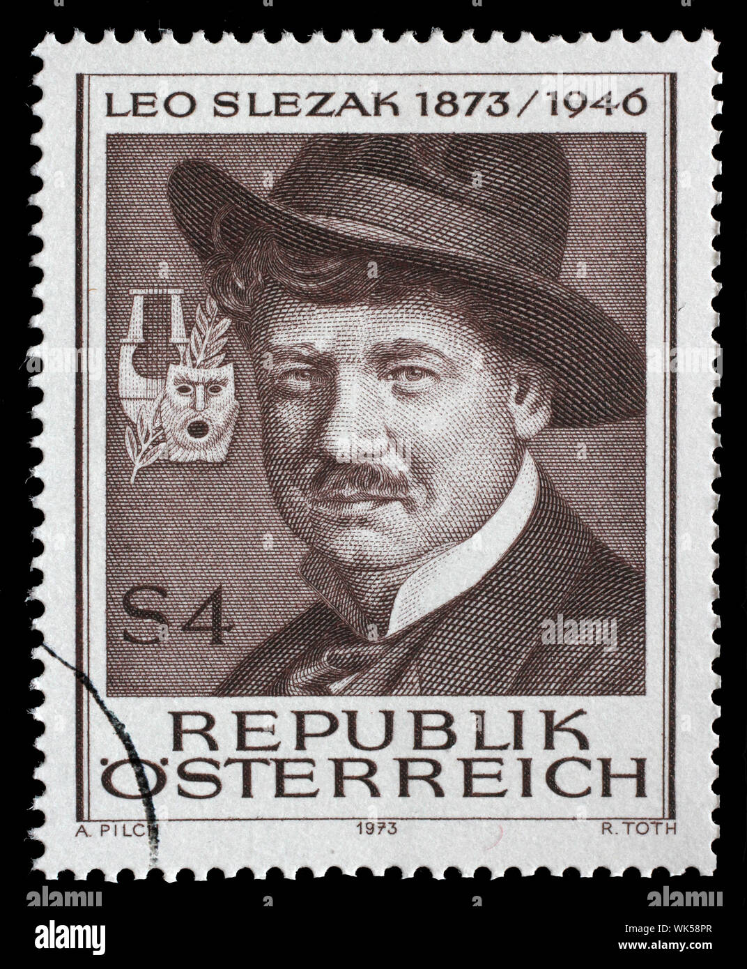 Für die Briefmarke Österreich zeigt Leo Slezak Oper Sänger und Filmschauspieler, das 100-jährige Jubiläum der Geburt, ca. 1973. Stockfoto