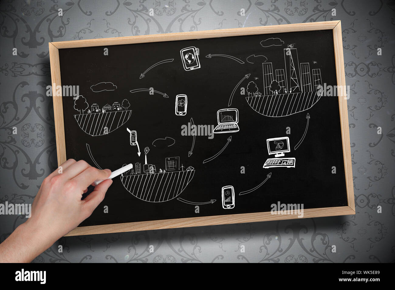 Das zusammengesetzte Bild von Hand zeichnen Geistesblitz mit Kreide auf Tafel mit Holzrahmen Stockfoto