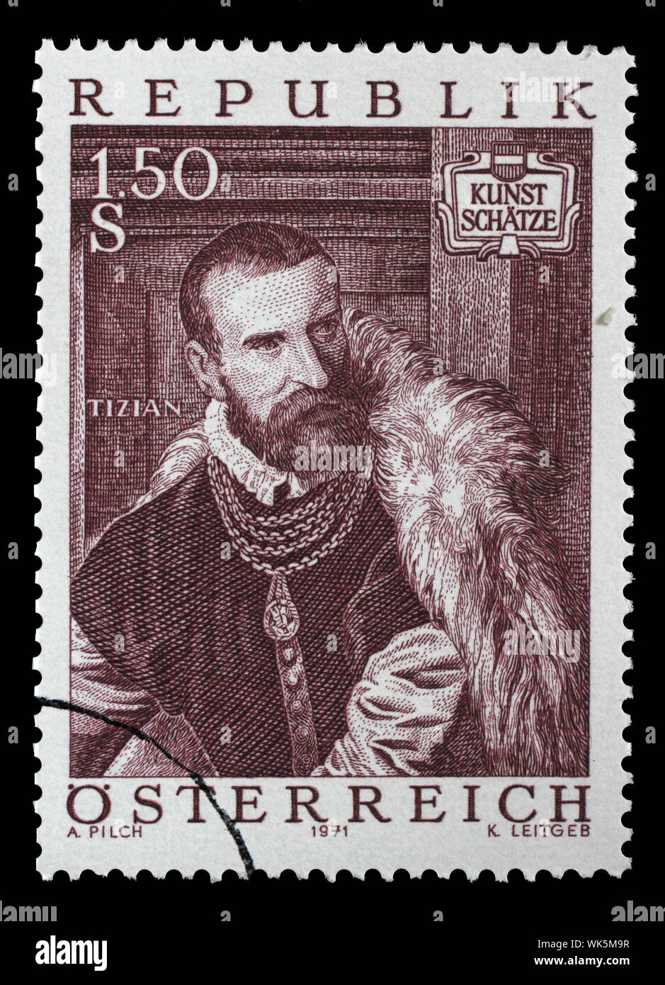 Für die Briefmarke Österreich zeigt Jacopo de Strada von Tizian (C. 1488-1576), Kunstschätze in Österreich, ca. 1971. Stockfoto