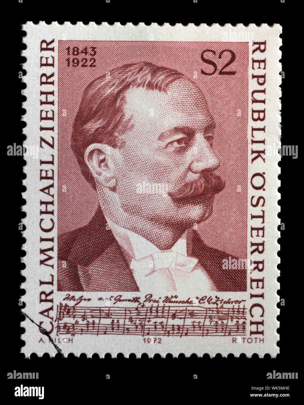 Für die Briefmarke Österreich zeigt, Carl Michael Ziehrer, zum 50. Jahrestag des Todes, circa 1972. Stockfoto