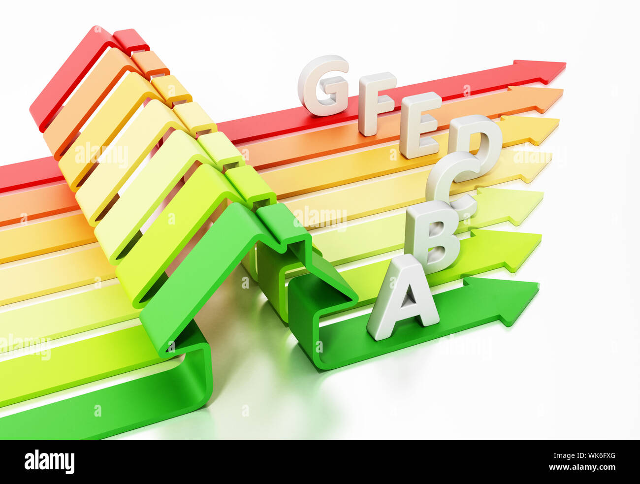 Energie mit Haus geformte Bars. 3D-Darstellung. Stockfoto