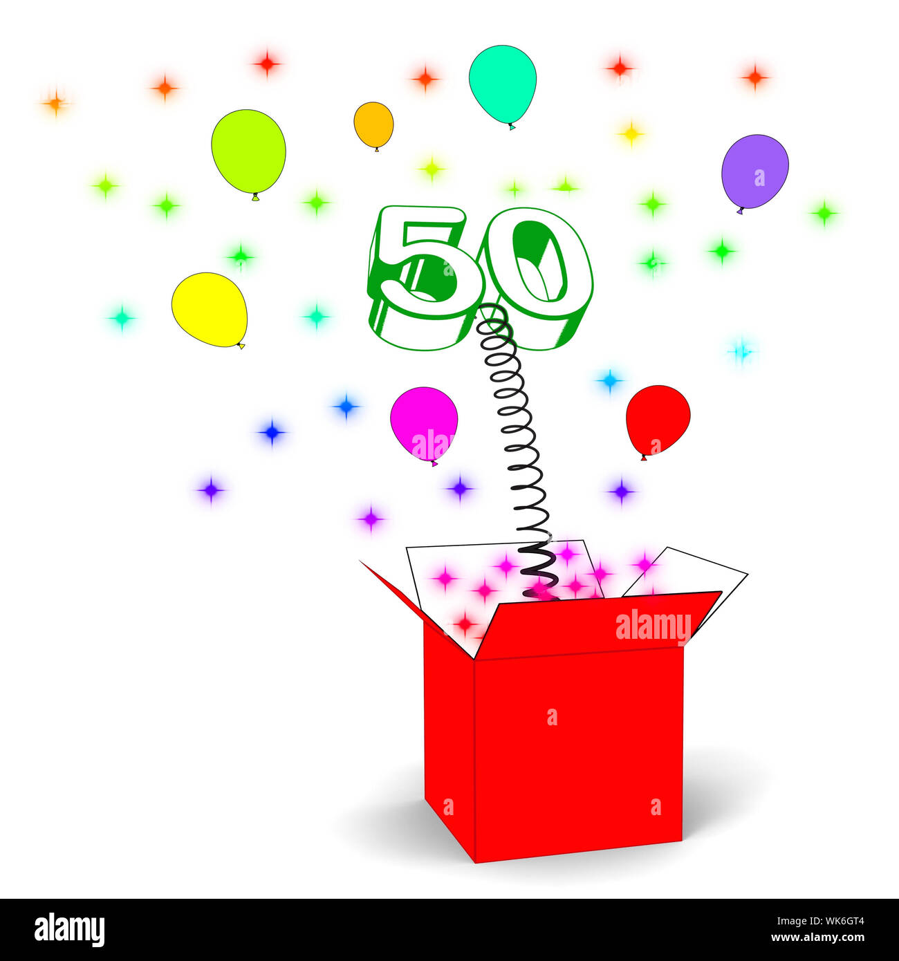 Nummer 50 Überraschungs-Box zeigt fünfzigsten Geburtstag oder Geburtstag Stockfoto
