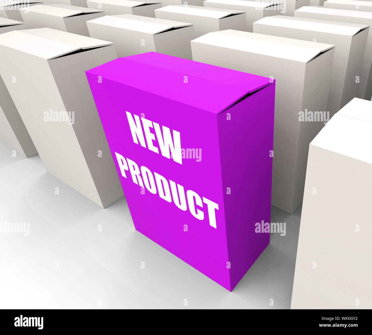 Neue Produkt-Box unter Angabe Neuheit und Werbung Stockfoto