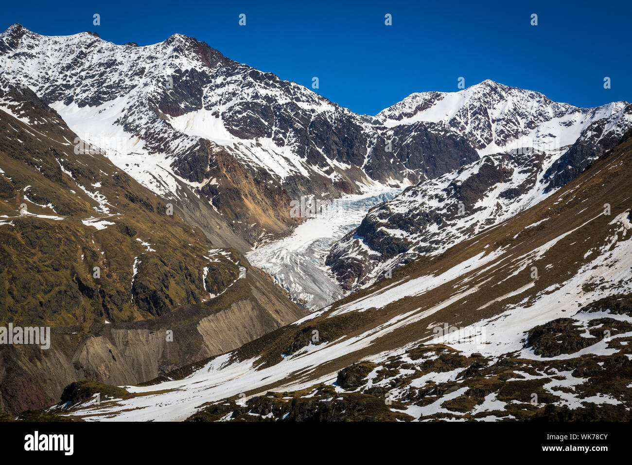 Blick auf den gepatschferner von der spektakulären Kaunertaler Gletscherstraße, Tirol Stockfoto