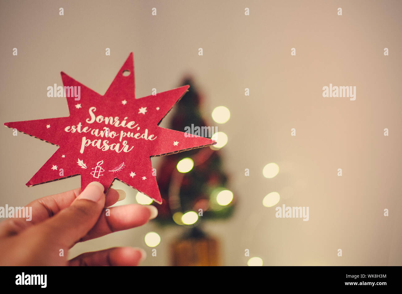 Hand eine schwarze Frau mit einem Weihnachtsstern mit einer Meldung in Spanisch (Lächeln, es in diesem Jahr passieren kann). Stockfoto