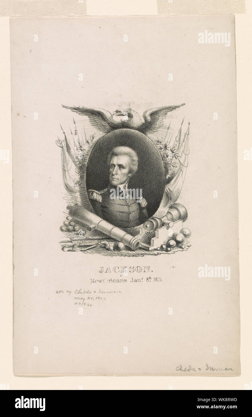 Jackson, New Orleans, Jany. 8., 1815 Abstract: Ein emblematisches Portrait von Andrew Jackson, Aufrufen von seiner Vergangenheit als militärischen Helden und vor allem seinen Sieg in der Schlacht von New Orleans 1815. Jackson's Büste portrait in Uniform erscheint auf ein ovales Medaillon von Cannon, Fahnen und anderen militärischen Paraphernalia umgeben, und von einem Adler überwunden. Der Druck scheint eine Kampagne Stück zu sein, wahrscheinlich Ausgestellt während der 1832 Präsidentenwahlen eher als die von 1828, als Jackson war auch ein Kandidat. Der Philadelphia lithographischen Firma Kinder & Inman gab es nur von Ende 1830 bis Anfang 1833. Stockfoto