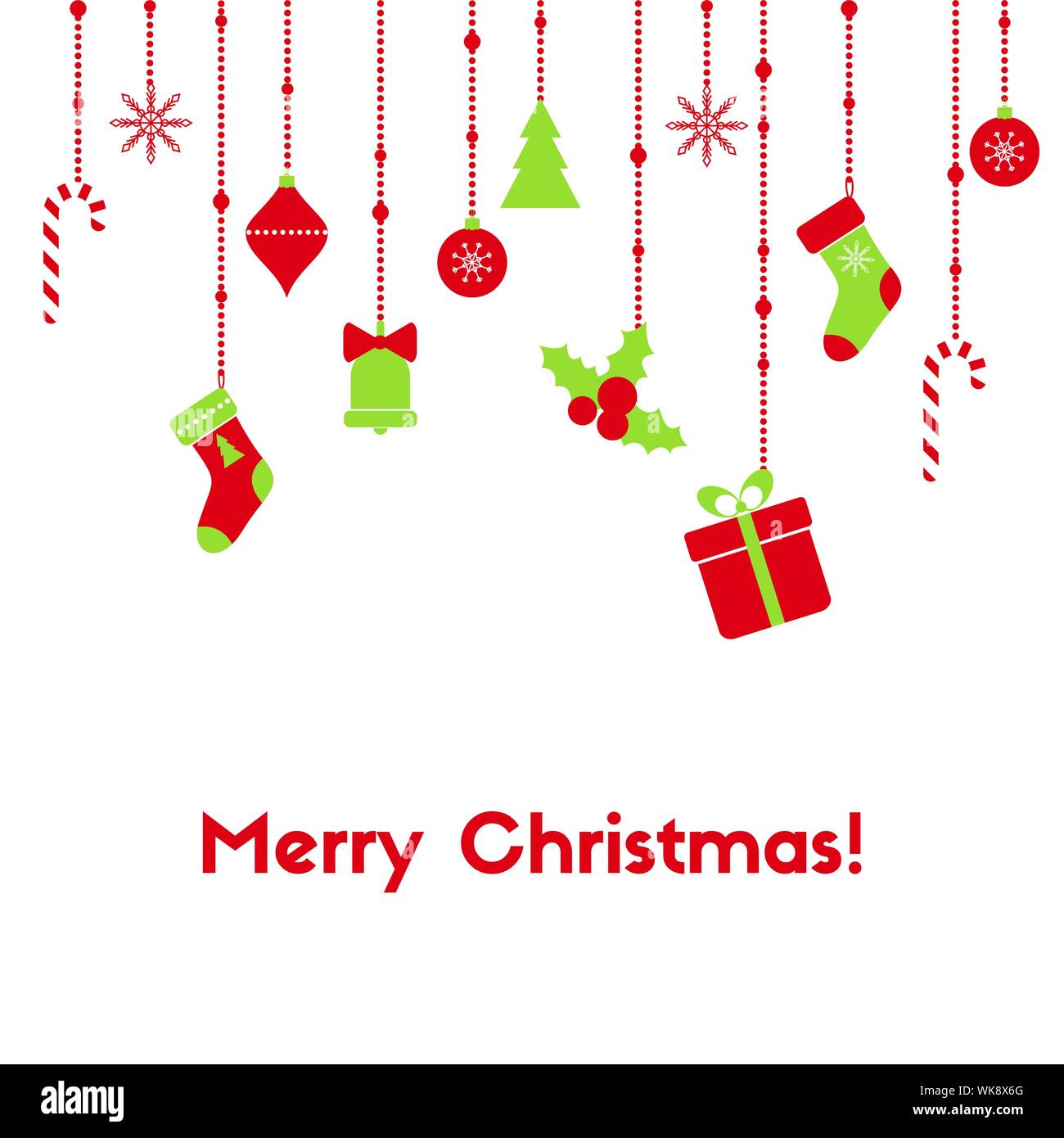 Frohe Weihnachten. Vektor Grußkarte mit hängenden Girlanden, Weihnachten Spielzeug, Geschenkbox, Zuckerstangen, Strümpfe Stock Vektor