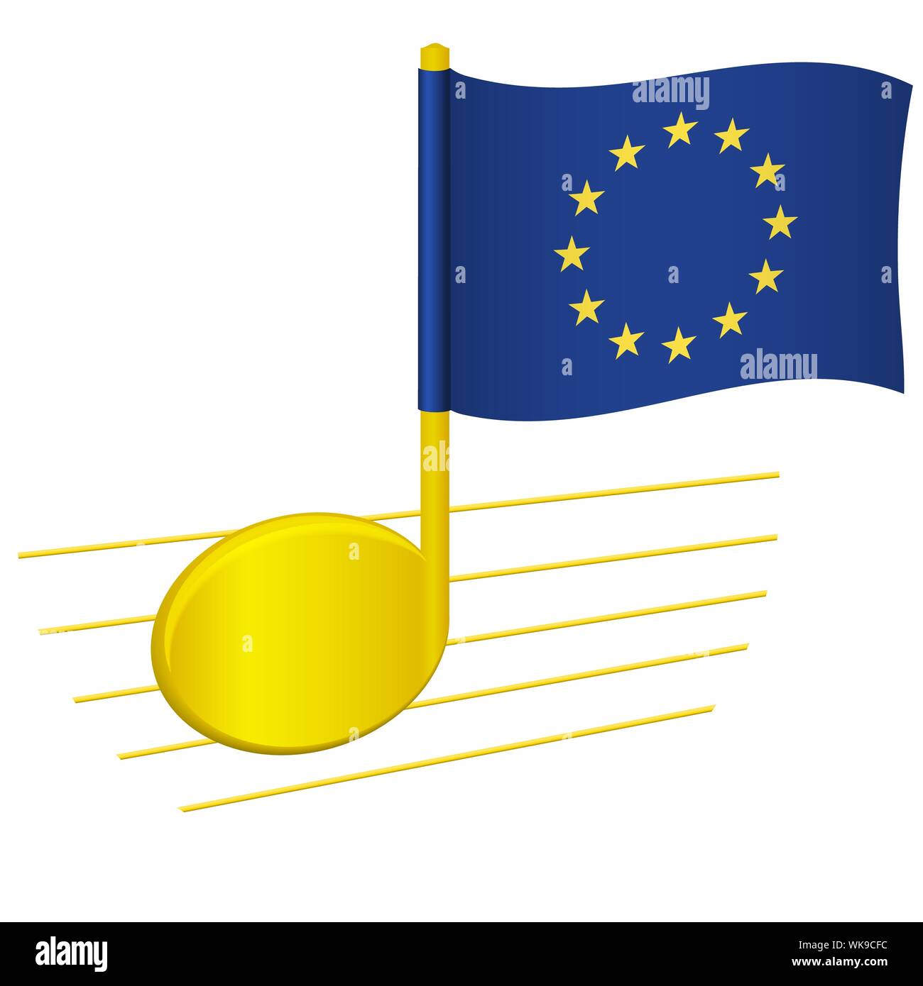 EU-Flagge und musikalische Note. Musik im Hintergrund. Europa Fahne und Musik Festival Konzept Abbildung Stockfoto