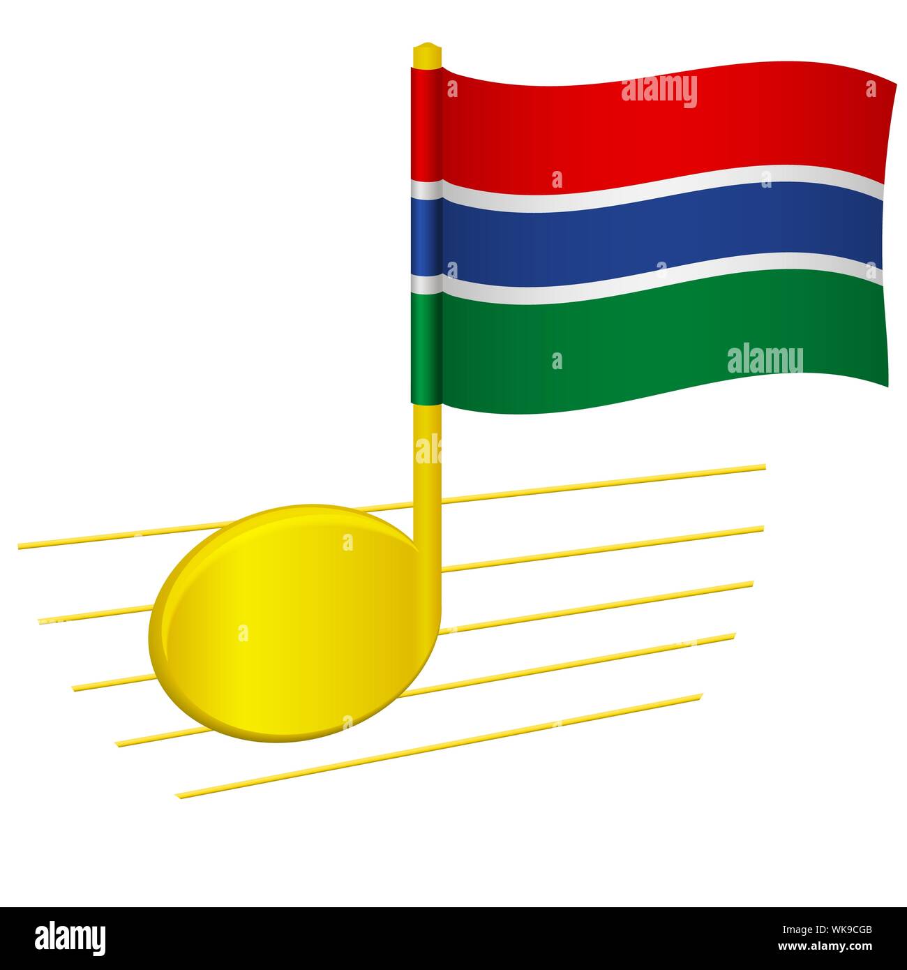 Gambia Flagge und musikalische Note. Musik im Hintergrund. Nationalflagge von Gambia und Musik Festival Konzept Abbildung Stockfoto